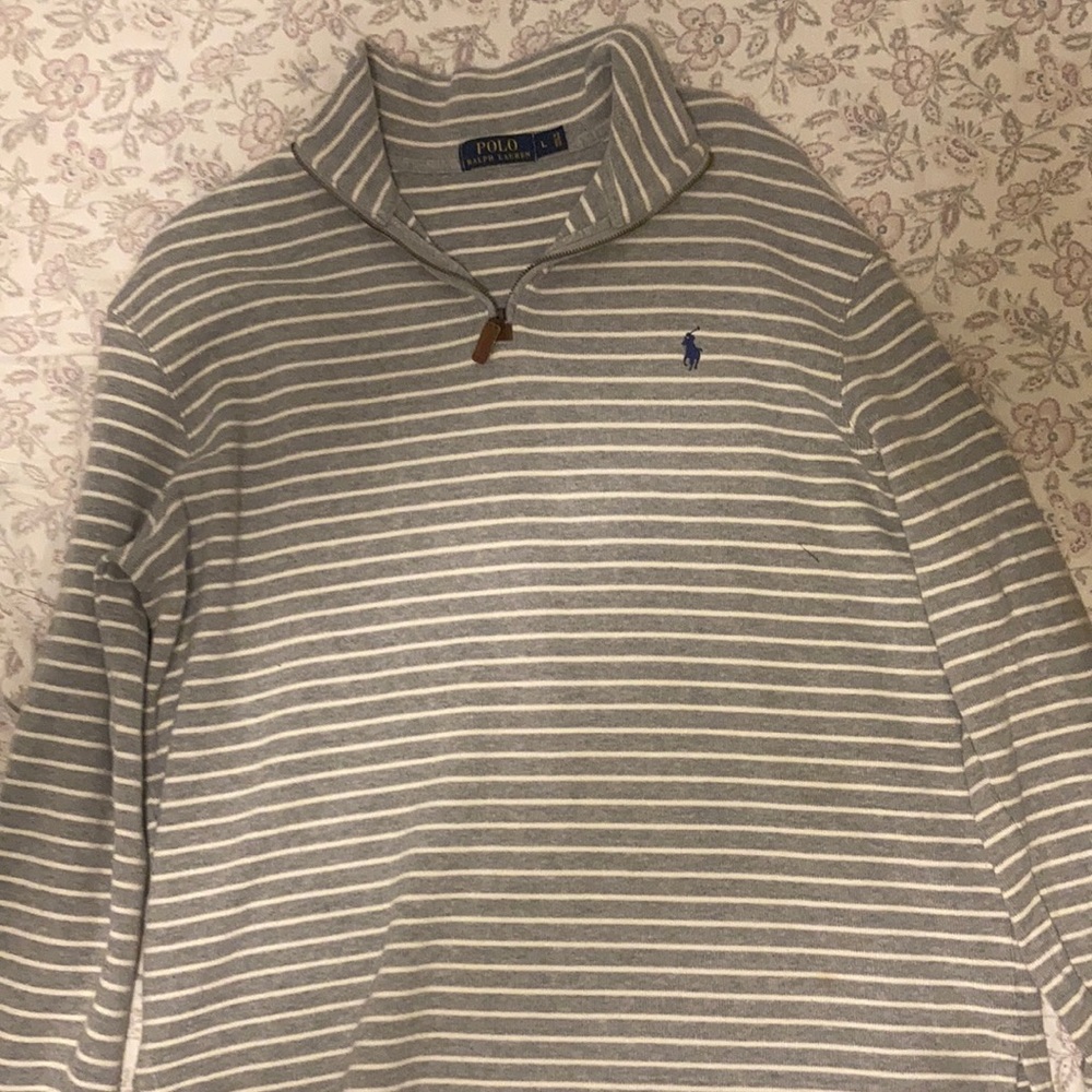 Grey with white stripes Ralph Lauren long sleeve zip up sweater